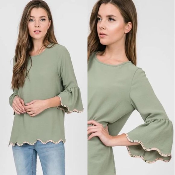 Hailey & Co Tops - Hailey & Co | Annabelle Sage 3/4 Bell Sleeve Floral Scalloped Trim Top Large New